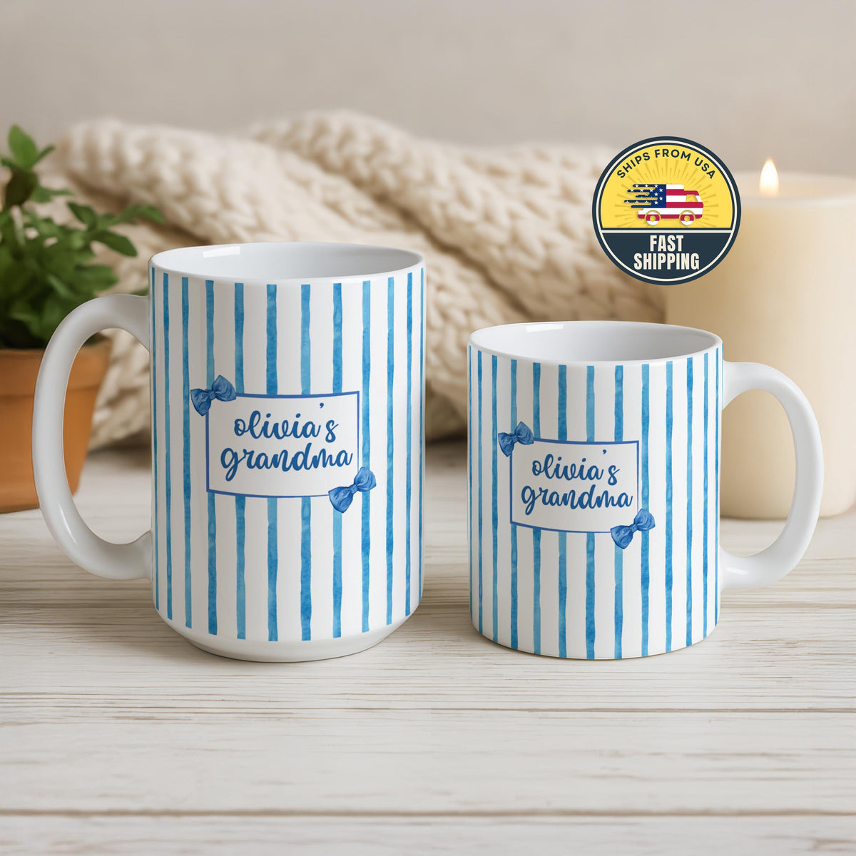 Custom Blue Coquette Grandma Mug, Blue Bow Ceramic Coffee Mug, Personalized Grandma Cup