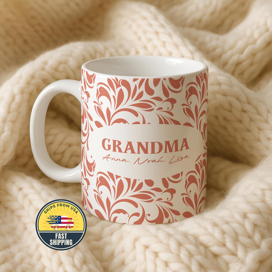Personalized Grandma Mug with Grandkids Names, Custom Grandma Mug, Boho Grandma Coffe Mug