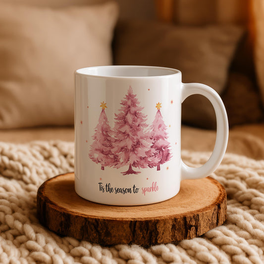 Season to Sparkle Mug, Pink Christmas Tree Coffee Cup, Watercolor Holiday Drinkware