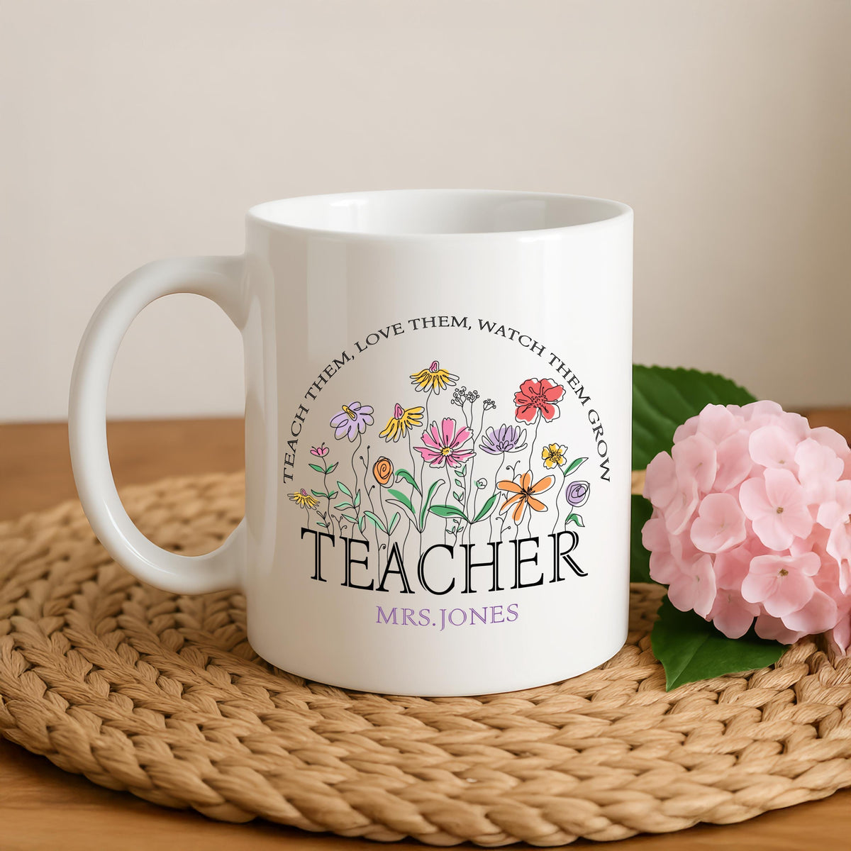 Personalized Teacher Mug, Colorful Floral Design Cups, Custom Name Teacher Appreciation Gift