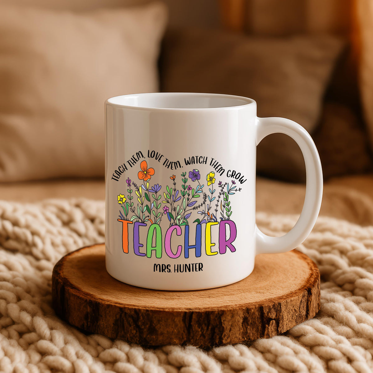 Personalized Teacher Mug, Colorful Floral Design Cups, Custom Name Teacher Appreciation Gift