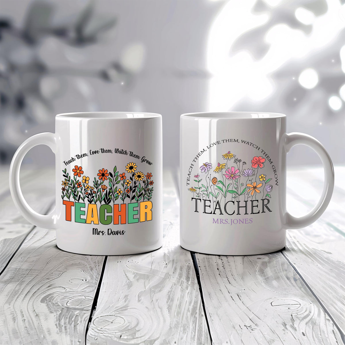 Personalized Teacher Mug, Colorful Floral Design Cups, Custom Name Teacher Appreciation Gift