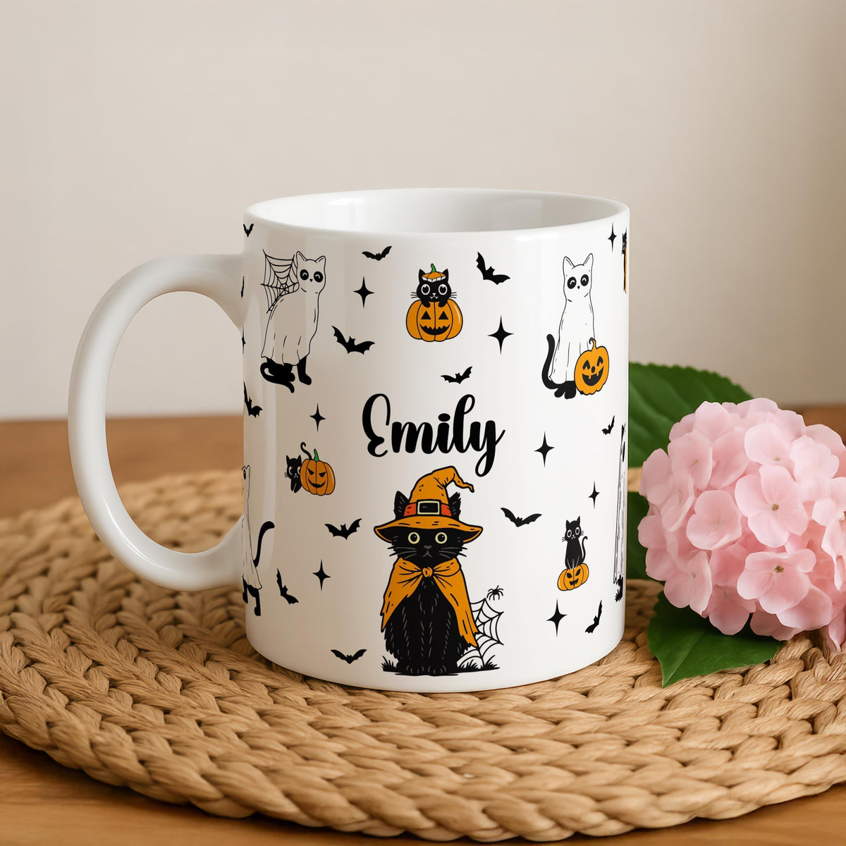 Custom Name Cute Cats Design Halloween Mug, Personalized Spooky Season Gift