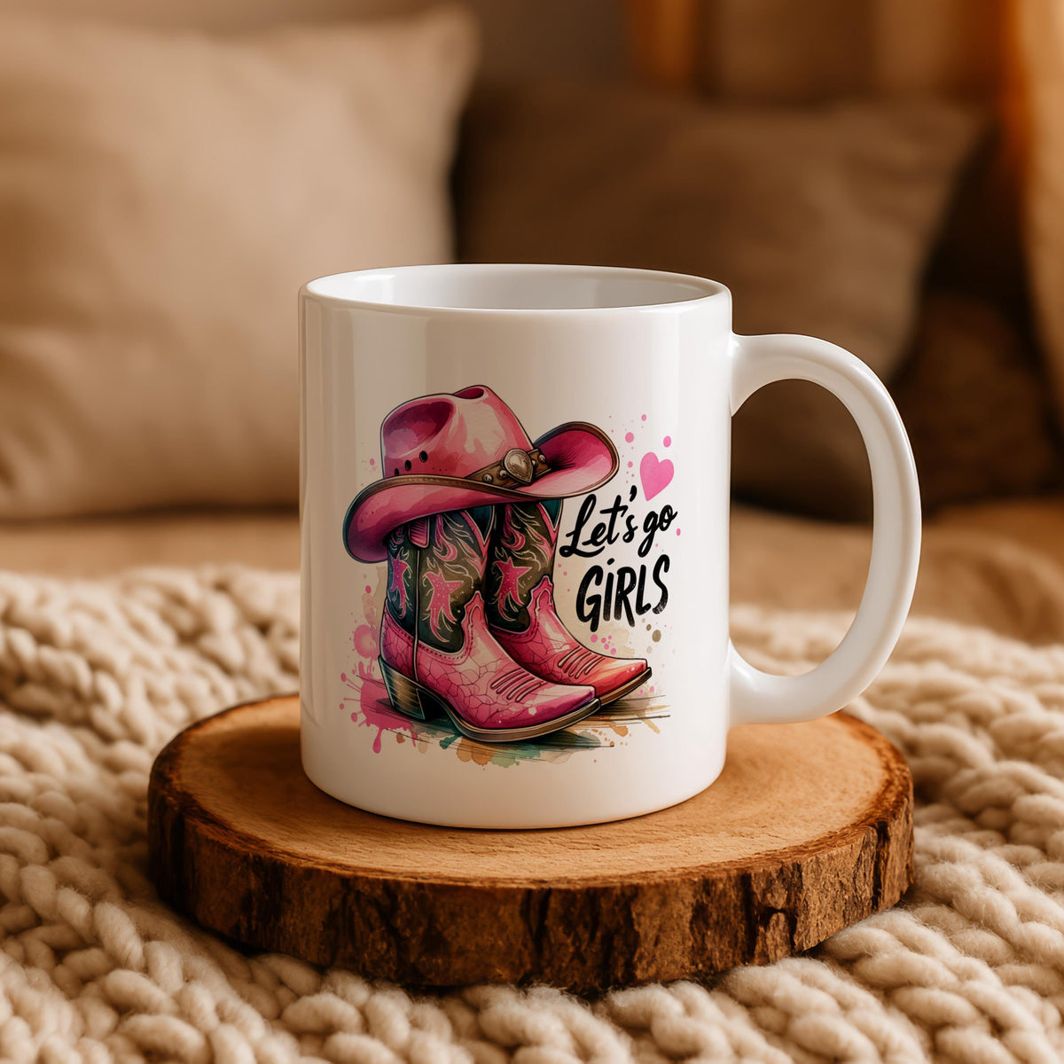 Let's Go Girls Coffee Mug, Pink Cowgirl Boots And Hat Design Ceramic Cup