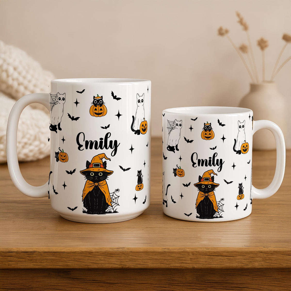 Custom Name Cute Cats Design Halloween Mug, Personalized Spooky Season Gift