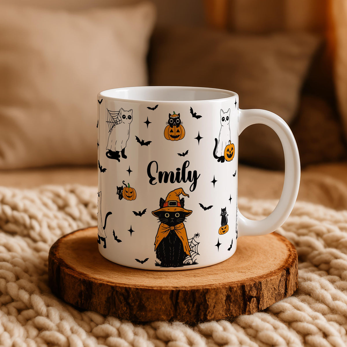 Custom Name Cute Cats Design Halloween Mug, Personalized Spooky Season Gift
