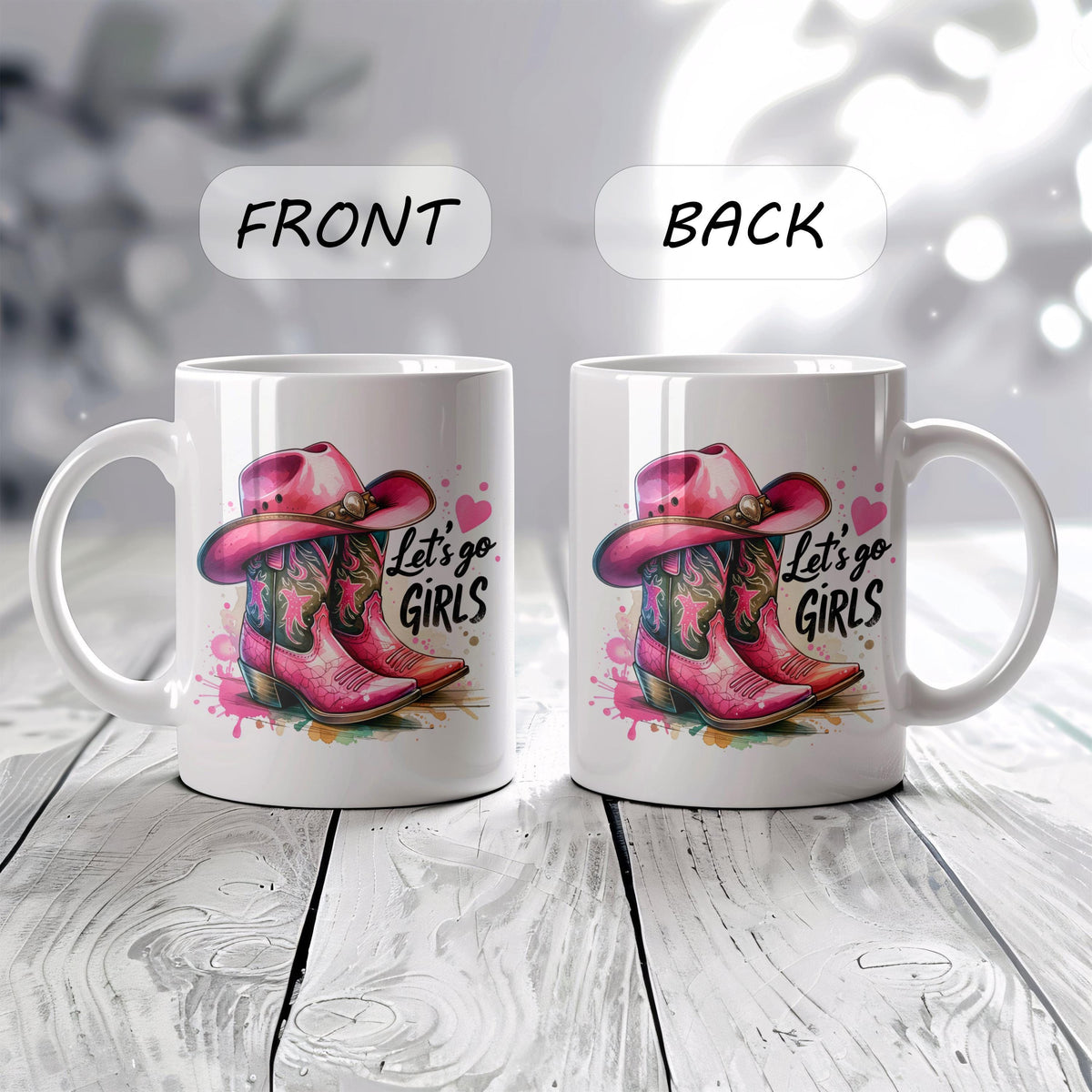 Let's Go Girls Coffee Mug, Pink Cowgirl Boots And Hat Design Ceramic Cup