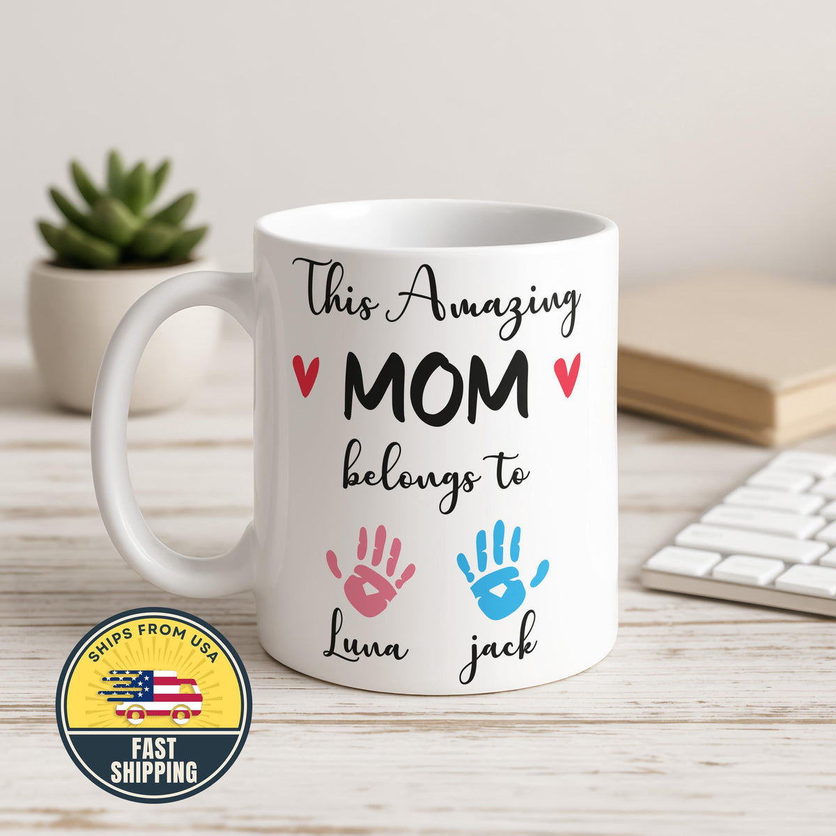 This Amazing Mom Belongs To Mug, Custom Mom Mug With Kids Names, Kids Handprints Mom Coffee Cup