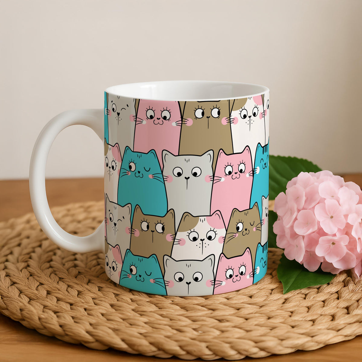 Cartoon Cats Pattern Ceramic Mug, Cute Kawaii Design Cat Lover Gift Coffee Mug