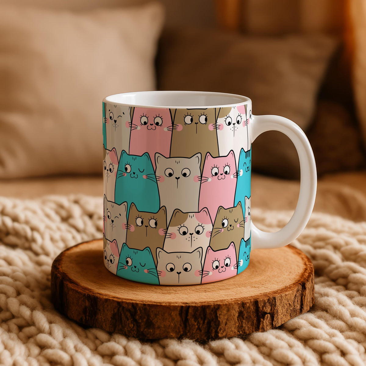 Cartoon Cats Pattern Ceramic Mug, Cute Kawaii Design Cat Lover Gift Coffee Mug