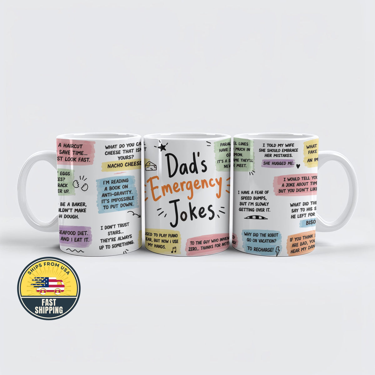 Dad Emergency Jokes Mug, Funny Father Coffee Cup, Novelty Dad Gift for Fathers Day