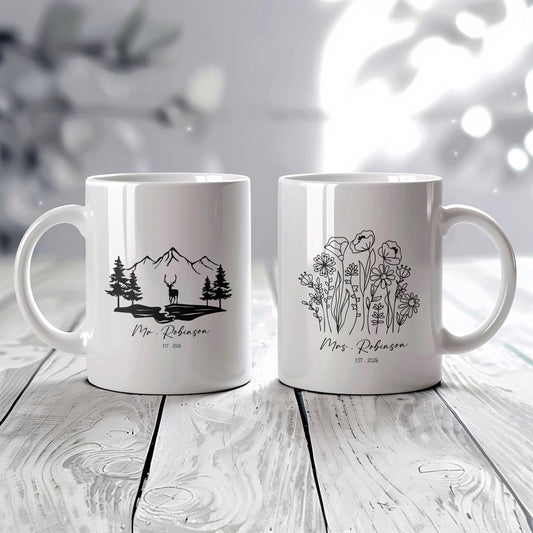 Personalized Mr. & Mrs. Mugs Set, Custom Hiking And Floral Mugs, Custom Name Couple Coffe Mug