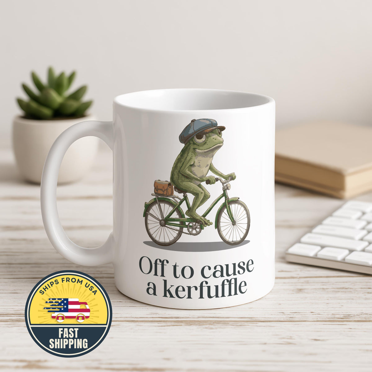 Off to Cause a Kerfuffle Frog Mug, Funny Frog Coffee Cup, Funny Animal on Bicycle Coffee Cup