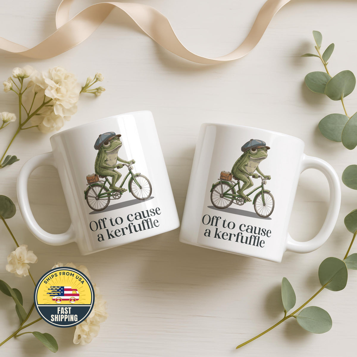 Off to Cause a Kerfuffle Frog Mug, Funny Frog Coffee Cup, Funny Animal on Bicycle Coffee Cup
