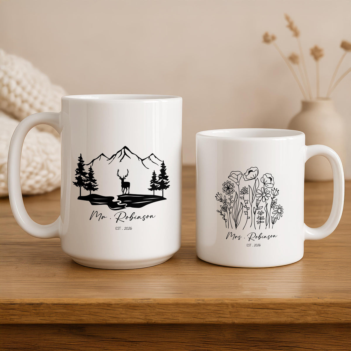 Personalized Mr. & Mrs. Mugs Set, Custom Hiking And Floral Mugs, Custom Name Couple Coffe Mug