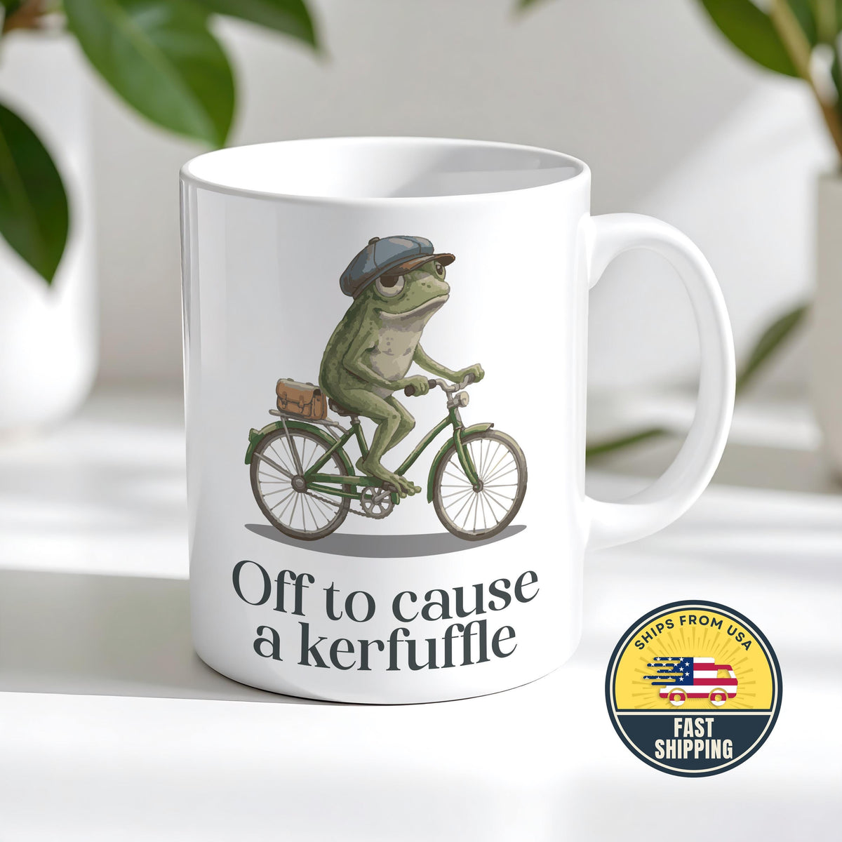 Off to Cause a Kerfuffle Frog Mug, Funny Frog Coffee Cup, Funny Animal on Bicycle Coffee Cup