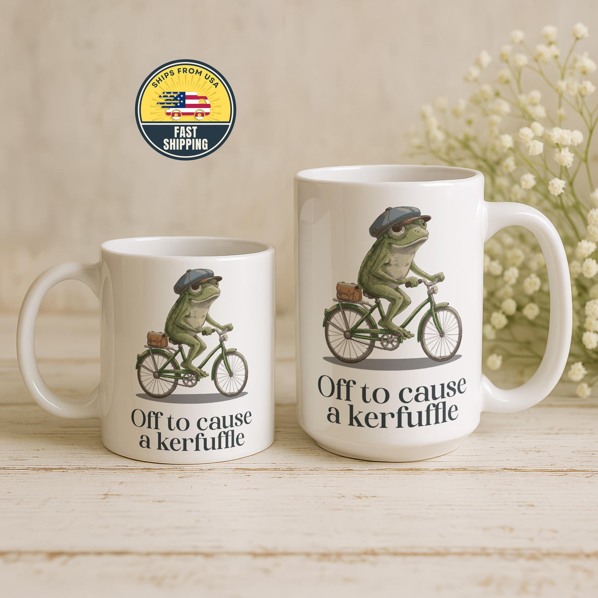 Off to Cause a Kerfuffle Frog Mug, Funny Frog Coffee Cup, Funny Animal on Bicycle Coffee Cup