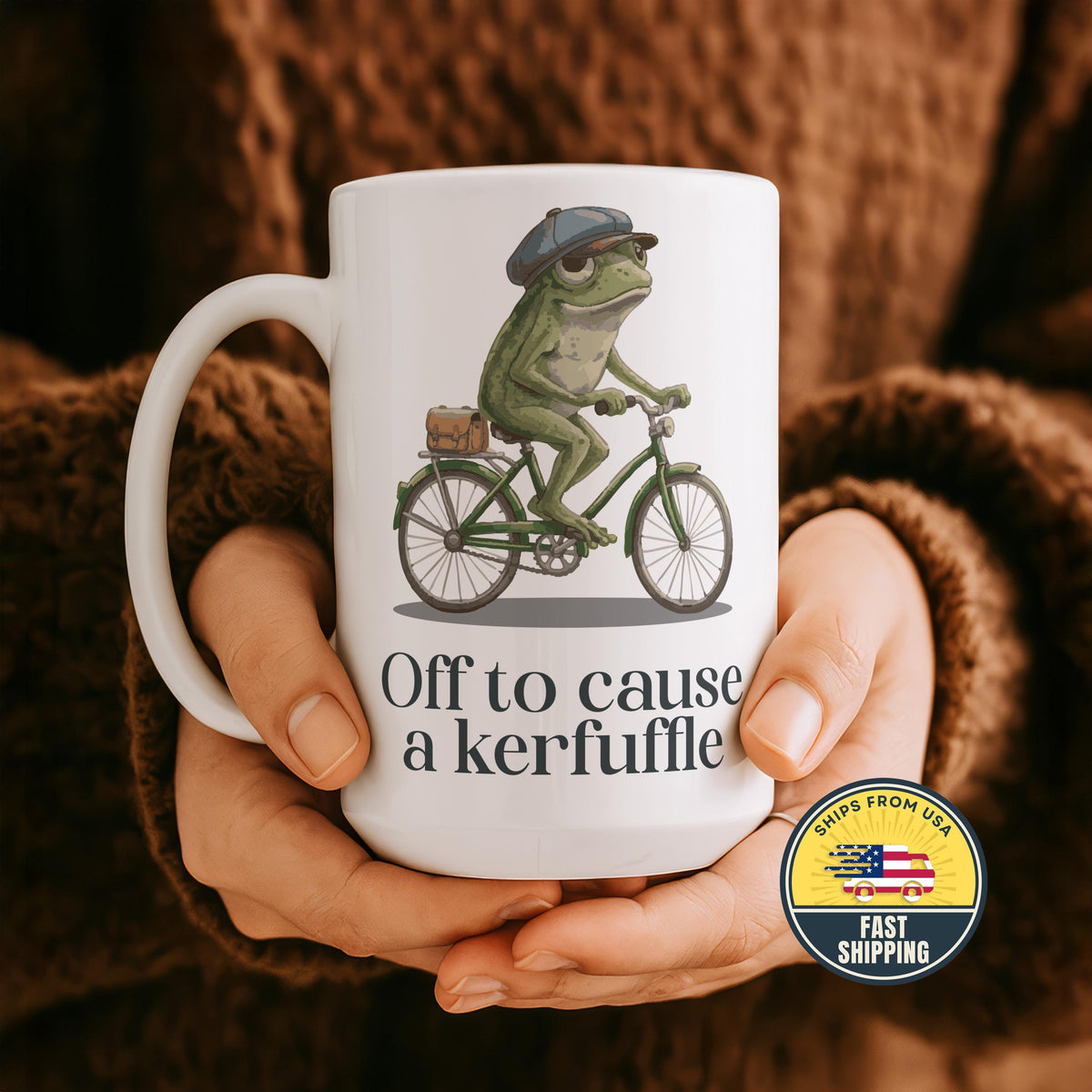 Off to Cause a Kerfuffle Frog Mug, Funny Frog Coffee Cup, Funny Animal on Bicycle Coffee Cup