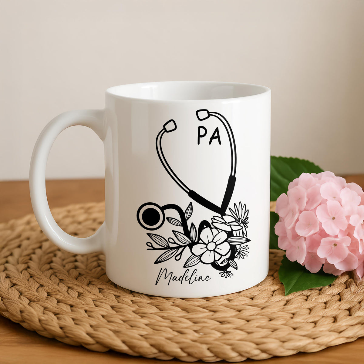 Personalized Floral PA Coffee Mug, Stethoscope Design Physician Assistant Gift