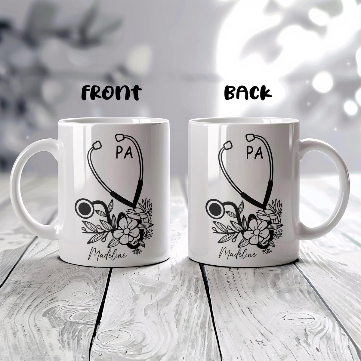 Personalized Floral PA Coffee Mug, Stethoscope Design Physician Assistant Gift