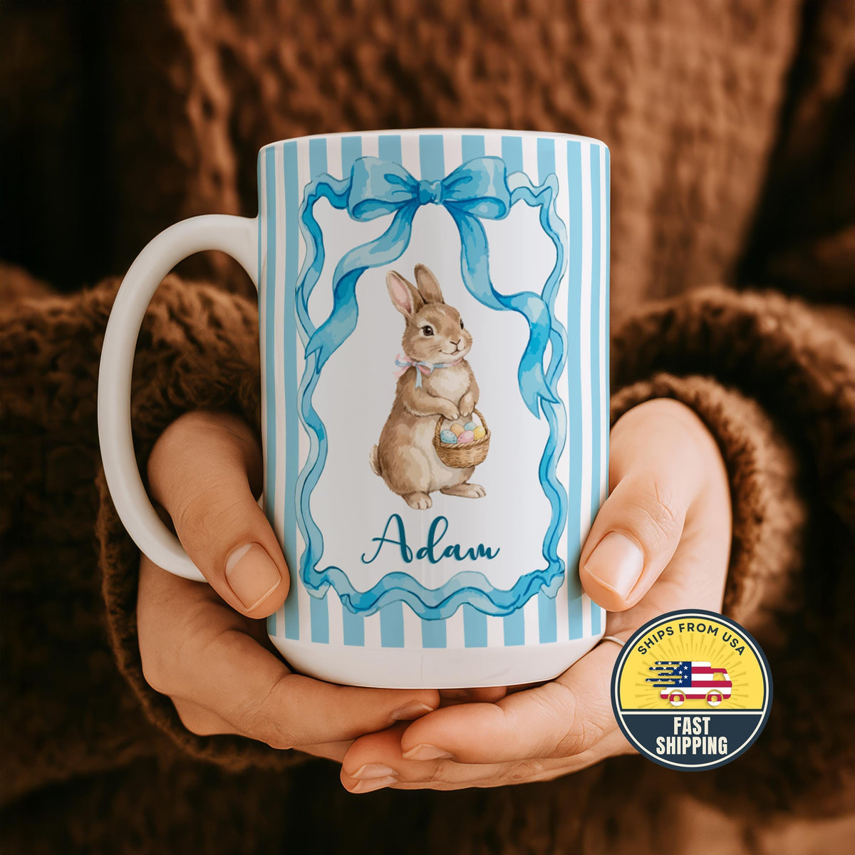 Personalized Easter Bunny Mug, Custom Blue Rabbit Design Coffee Mug, Custom Bunny Gift Mug