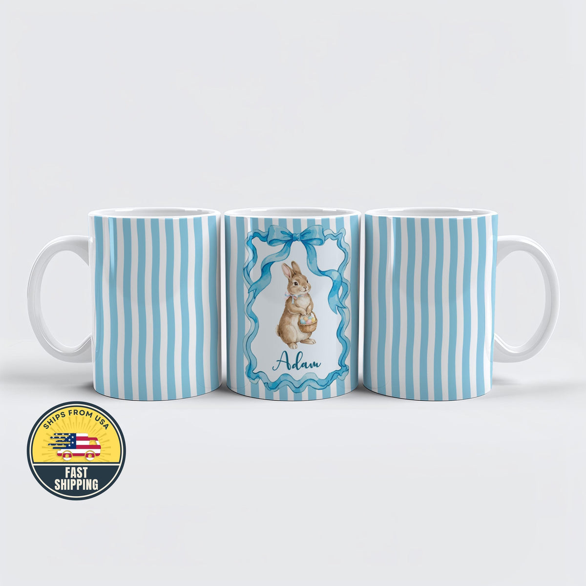 Personalized Easter Bunny Mug, Custom Blue Rabbit Design Coffee Mug, Custom Bunny Gift Mug