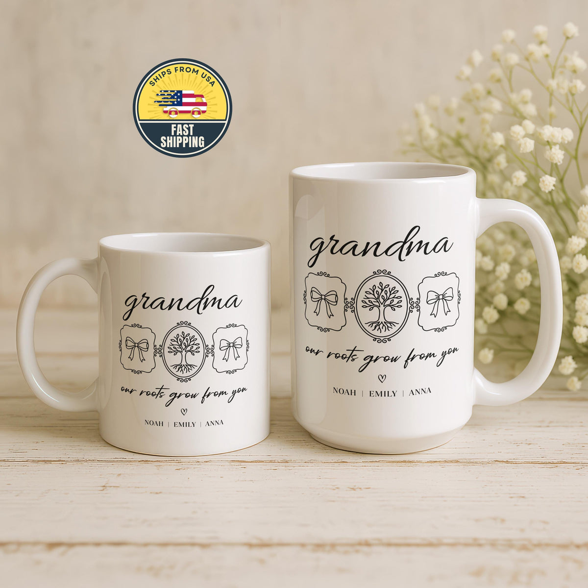 Custom Our Roots Grow from You Mug, Personalized Grandma Coffee Mug