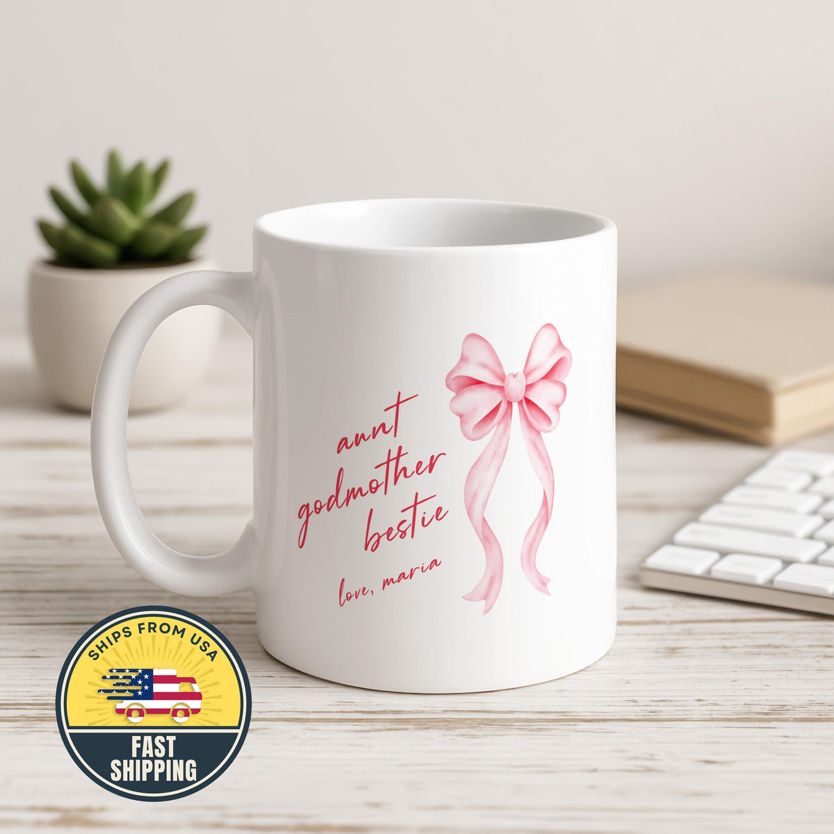 Custom Pink Bow Aunt Godmother Bestie Mug, Coquette Auntie Pottery Cup, Mother's Day Gift