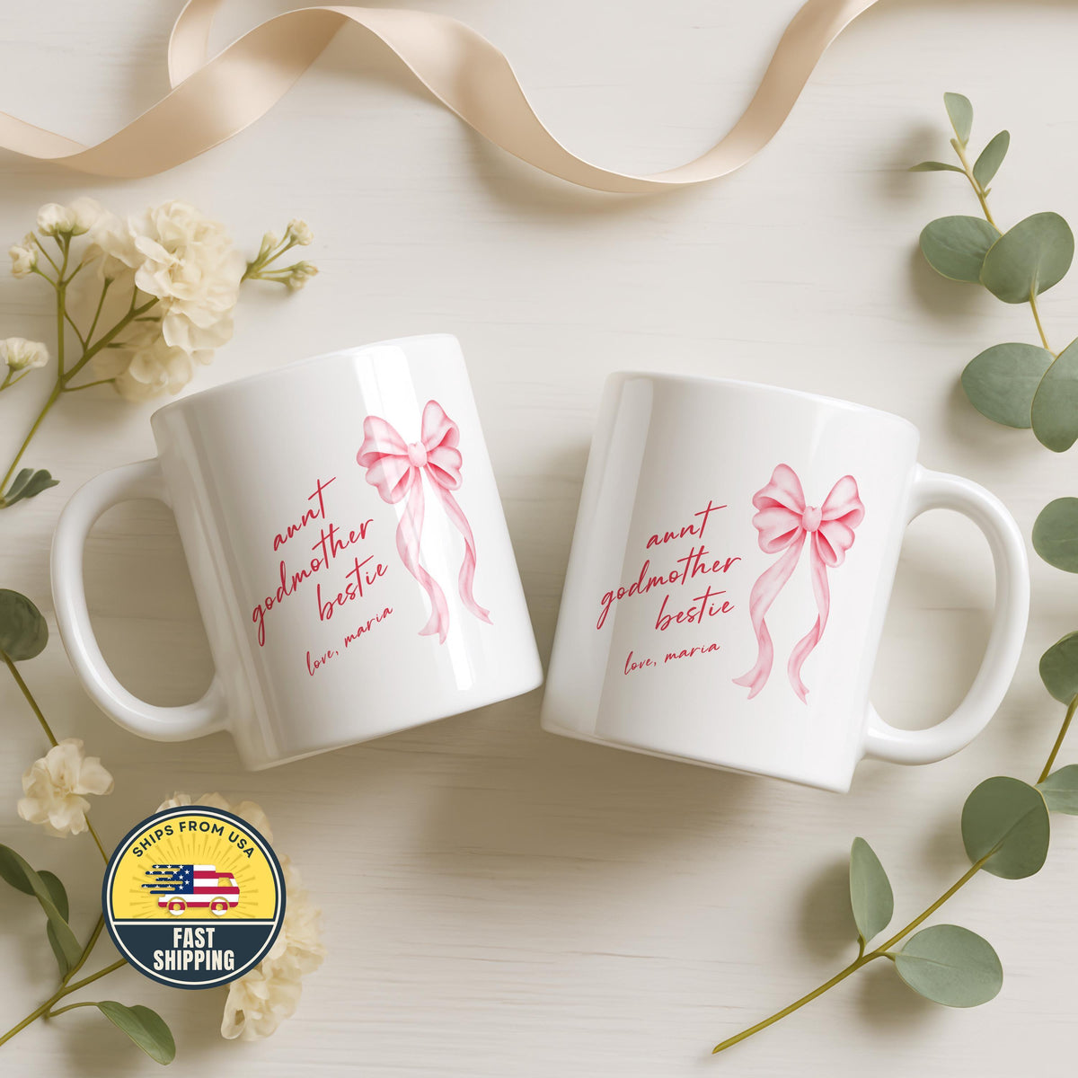 Custom Pink Bow Aunt Godmother Bestie Mug, Coquette Auntie Pottery Cup, Mother's Day Gift
