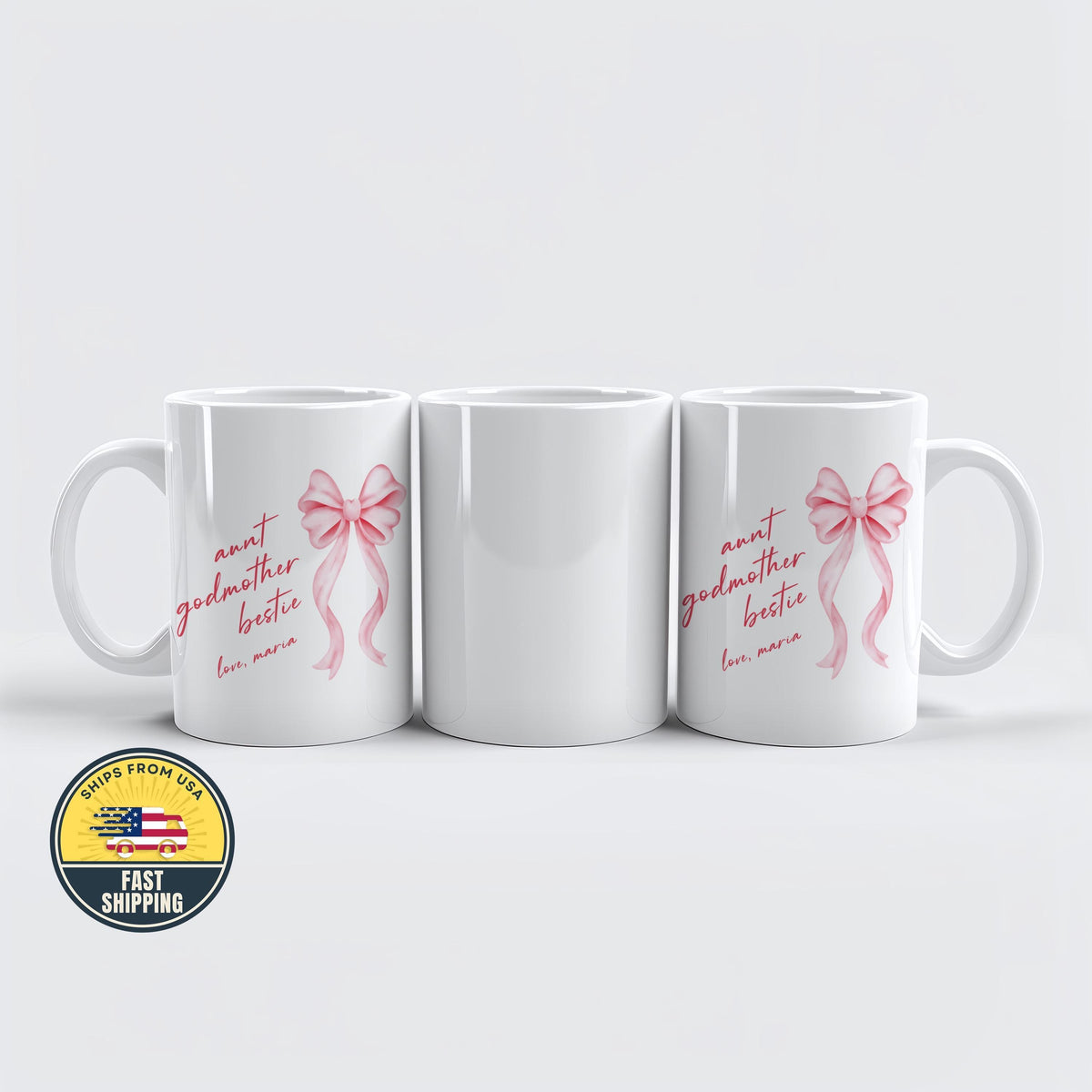 Custom Pink Bow Aunt Godmother Bestie Mug, Coquette Auntie Pottery Cup, Mother's Day Gift