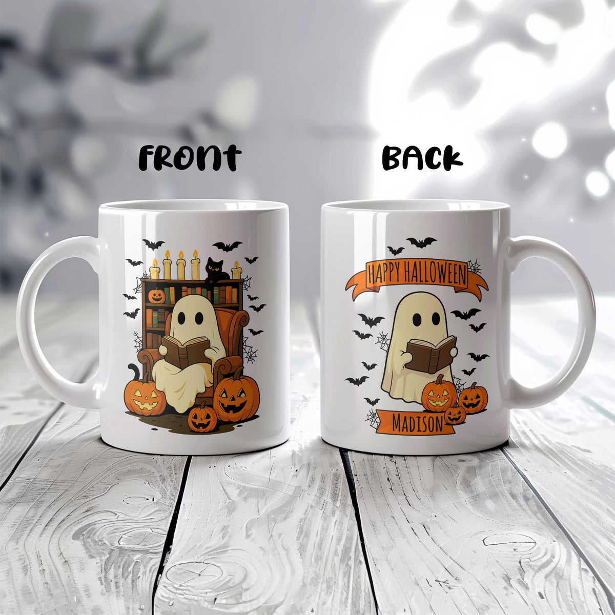 Personalized Happy Halloween Coffee Mug, Spooky Season Bookworm Gift