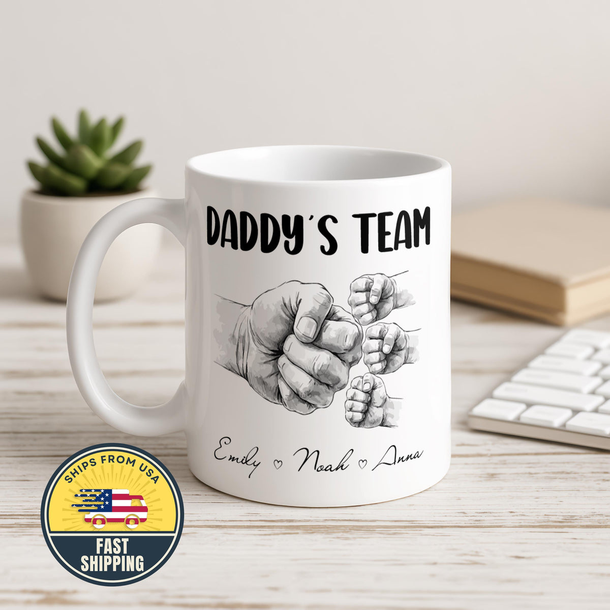 Personalized Daddy's Team Mug, Custom Dad Coffee Cup with Kids Names, Family Mug