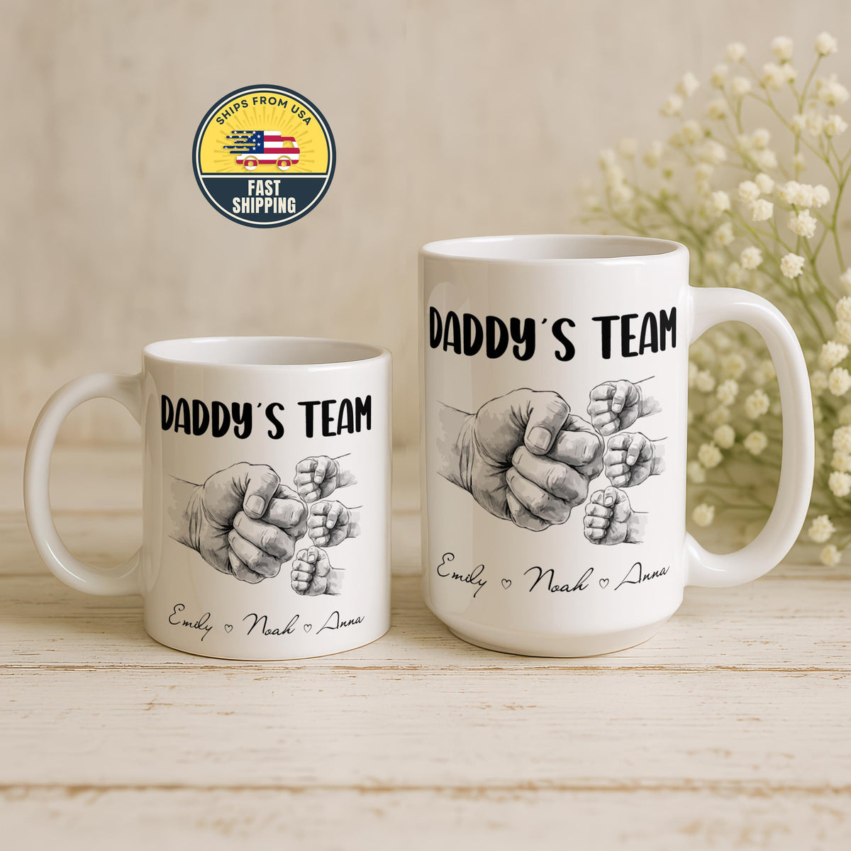 Personalized Daddy's Team Mug, Custom Dad Coffee Cup with Kids Names, Family Mug