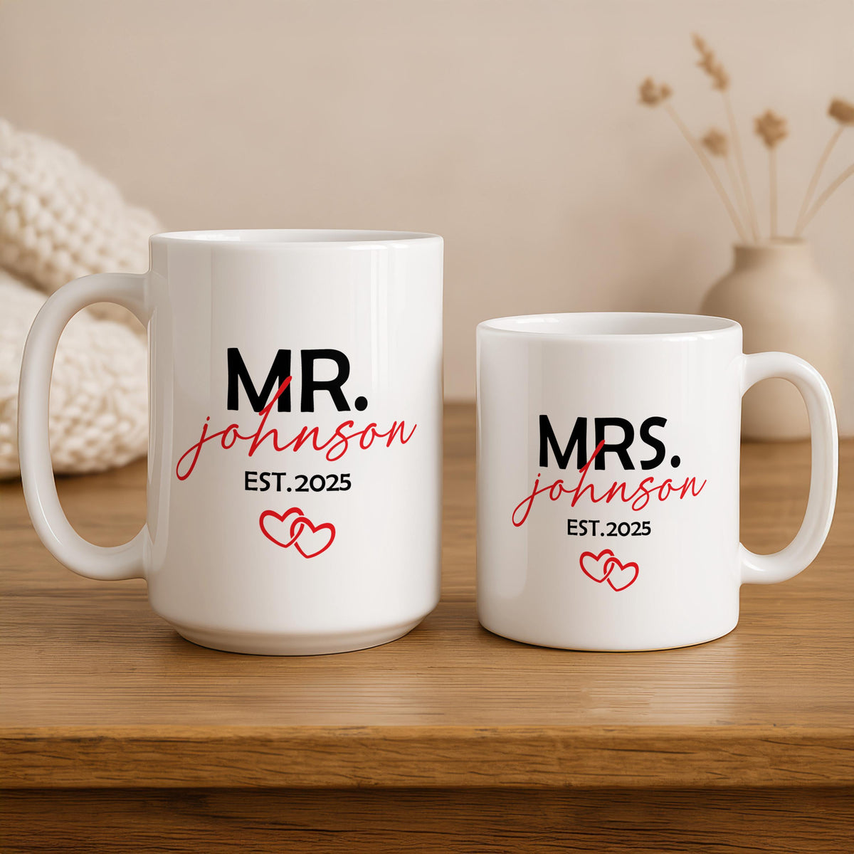 Personalized Mr. & Mrs. Mugs Set, Custom Name Copuple Wedding Gift