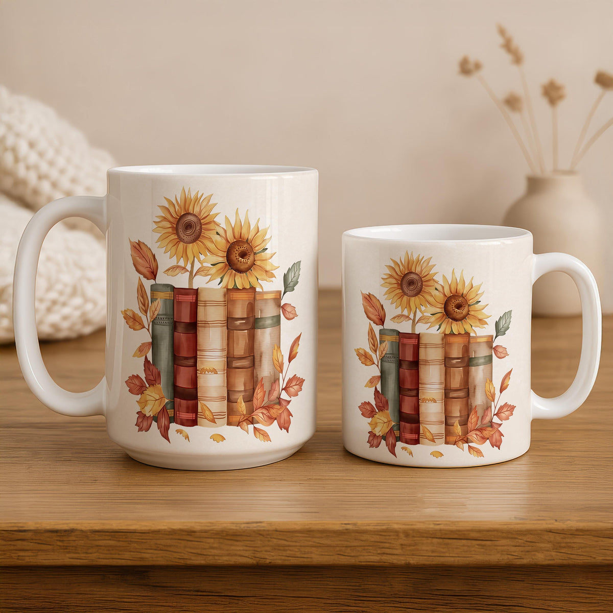 Bookish Coffee Mug With Sunflowers, Floral Book Enthusiast Gift Ceramic Cup