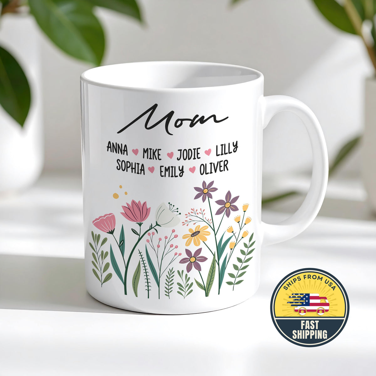 Custom Mom Flower Mug, Personalized Mama Floral Mug