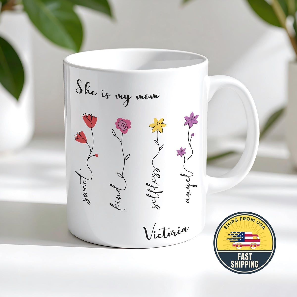 Personalized Spring Floral She is My Mom Mug, Custom Floral Affirmation Coffee Cup