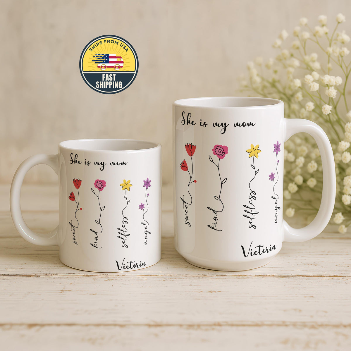 Personalized Spring Floral She is My Mom Mug, Custom Floral Affirmation Coffee Cup