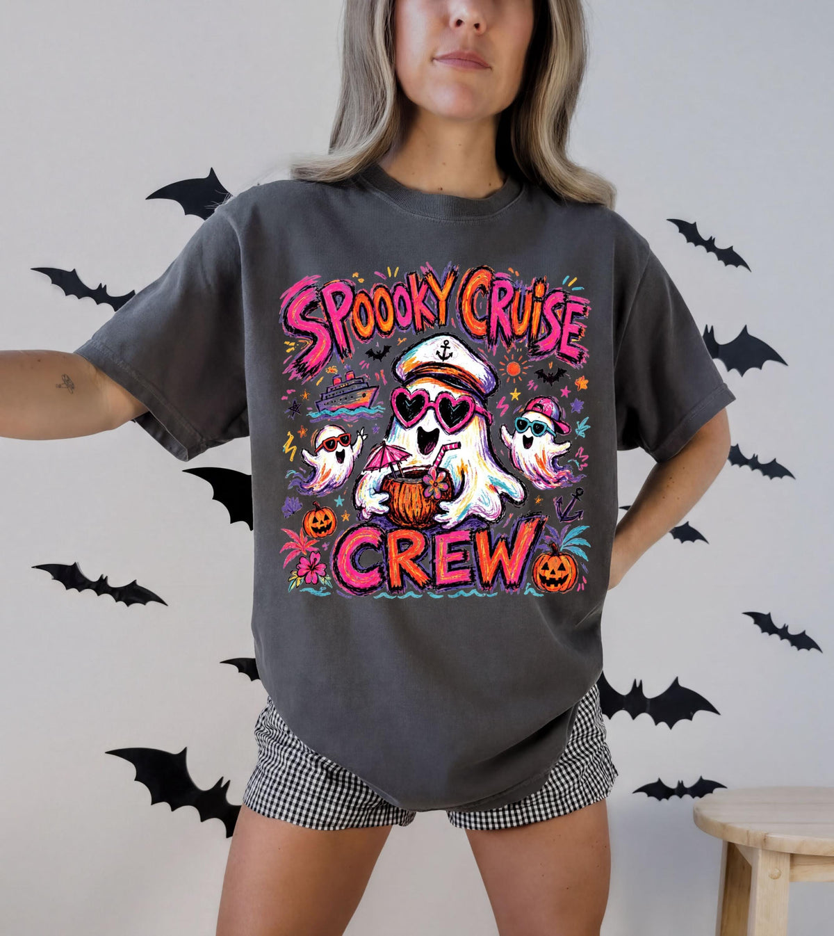 Comfort Colors® Spooky Cruise Crew Halloween Shirt, Ghost Vacation Tees, Summer Halloween T-shirts, Cruise Halloween Tee