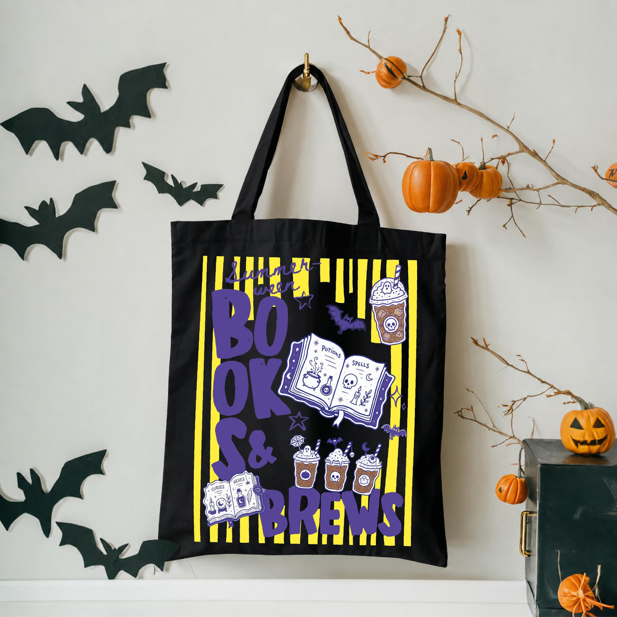 Spooky Summer Books & Brew Tote Bag, Halloween Beach Tote, Book Lover Canvas Bag, Summer Halloween Books and Coffee Bag