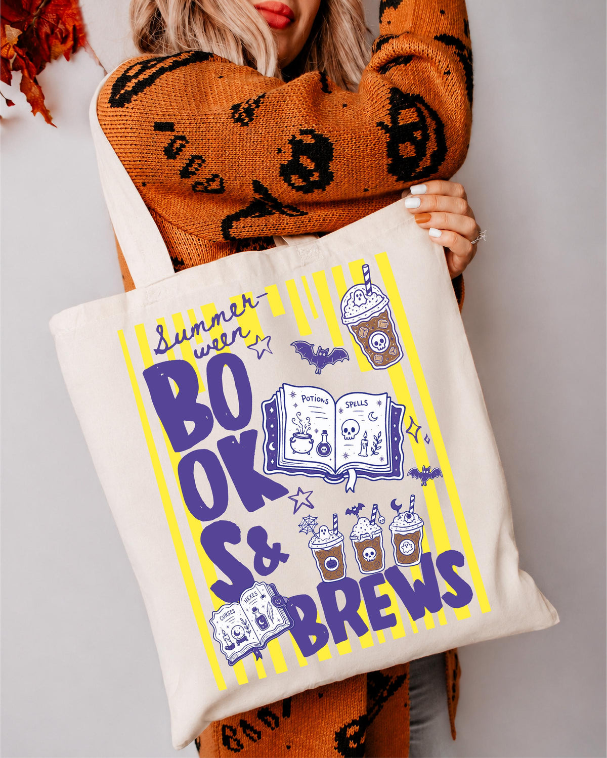 Spooky Summer Books & Brew Tote Bag, Halloween Beach Tote, Book Lover Canvas Bag, Summer Halloween Books and Coffee Bag