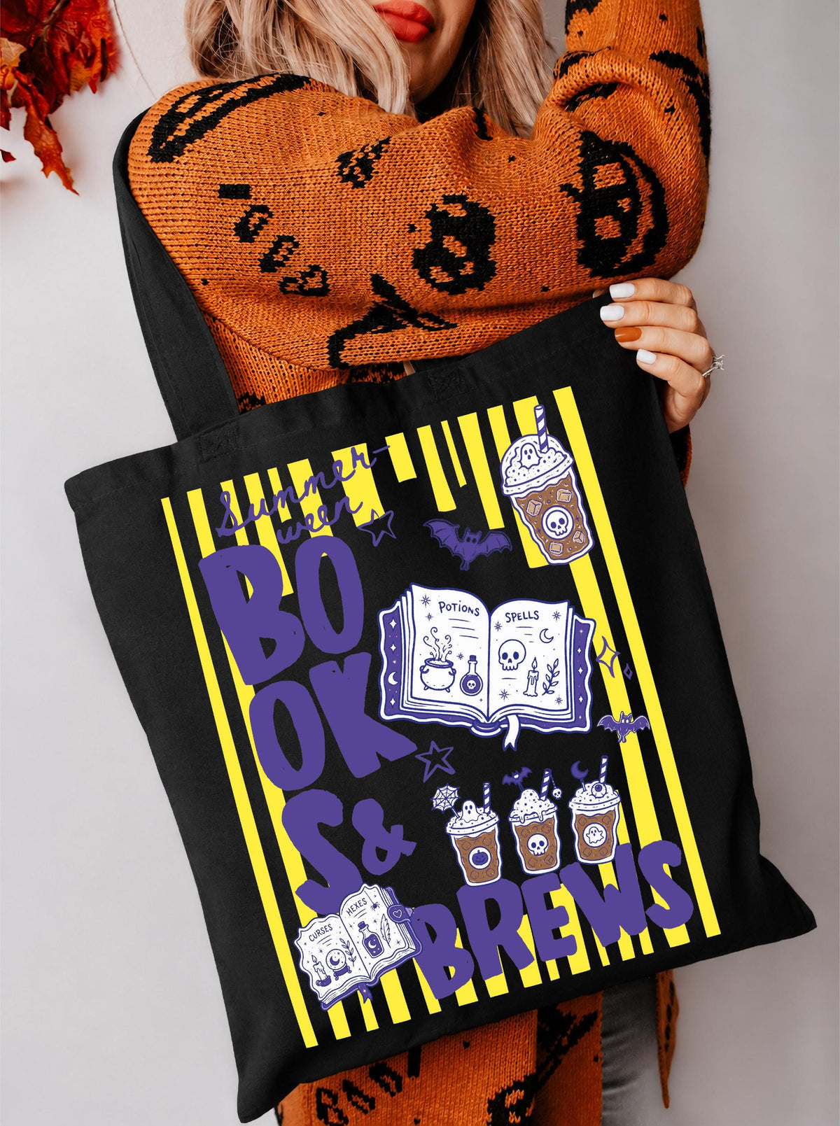Spooky Summer Books & Brew Tote Bag, Halloween Beach Tote, Book Lover Canvas Bag, Summer Halloween Books and Coffee Bag