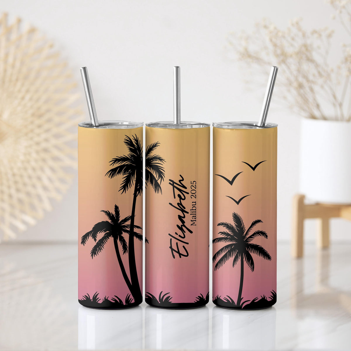 Customizable Tropical Sunset Palm Tree Tumbler With Straw