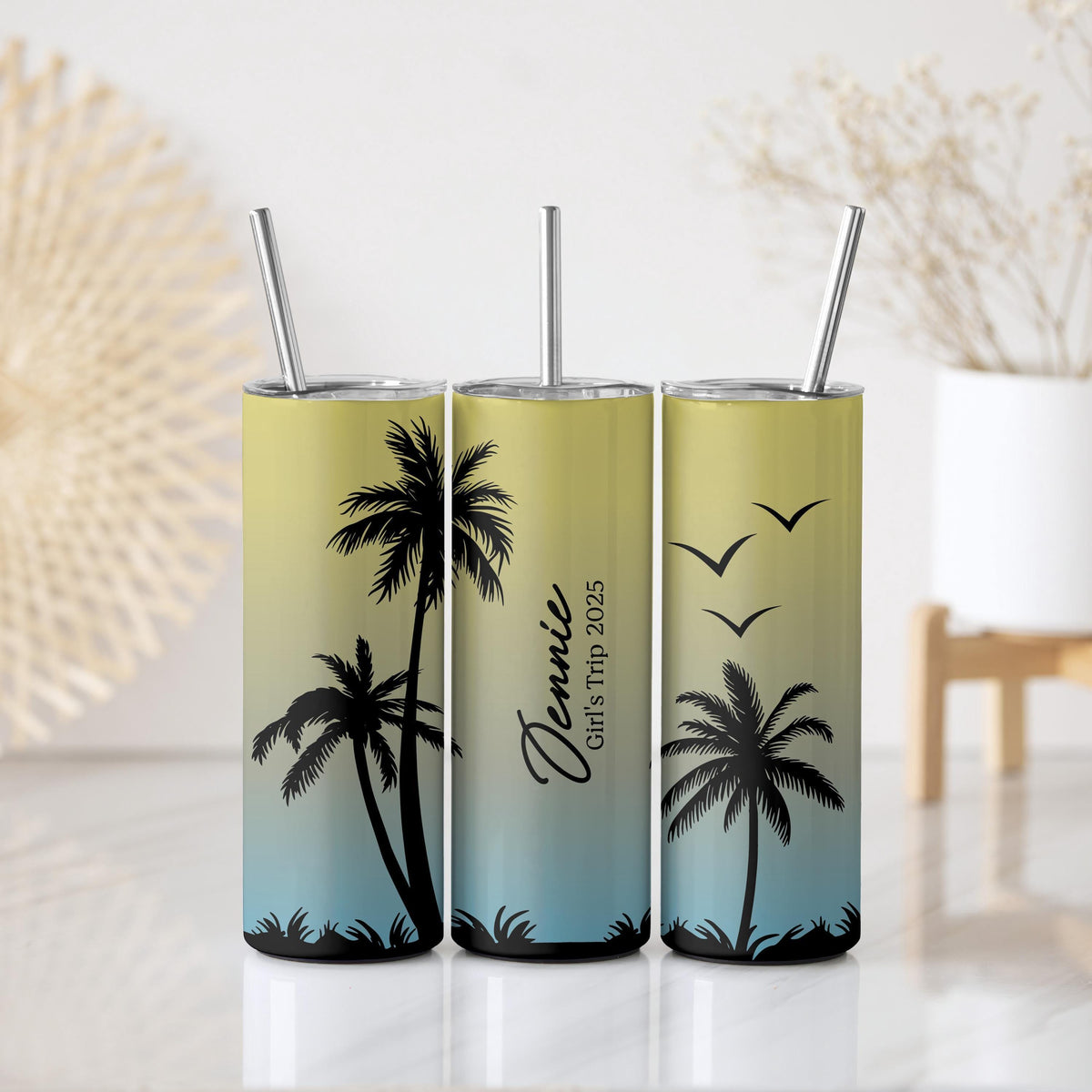 Customizable Tropical Sunset Palm Tree Tumbler With Straw