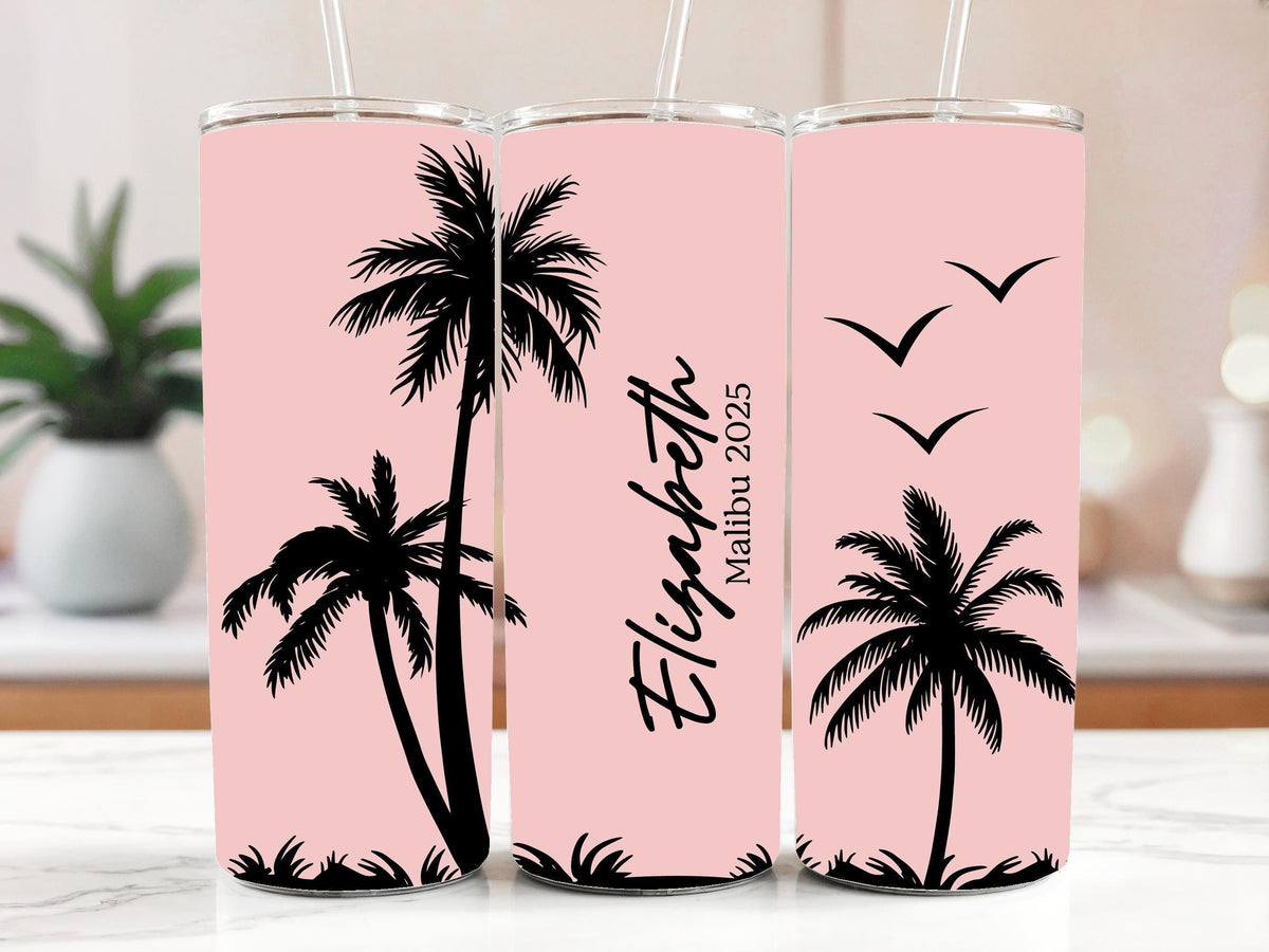 Customizable Tropical Sunset Palm Tree Tumbler With Straw