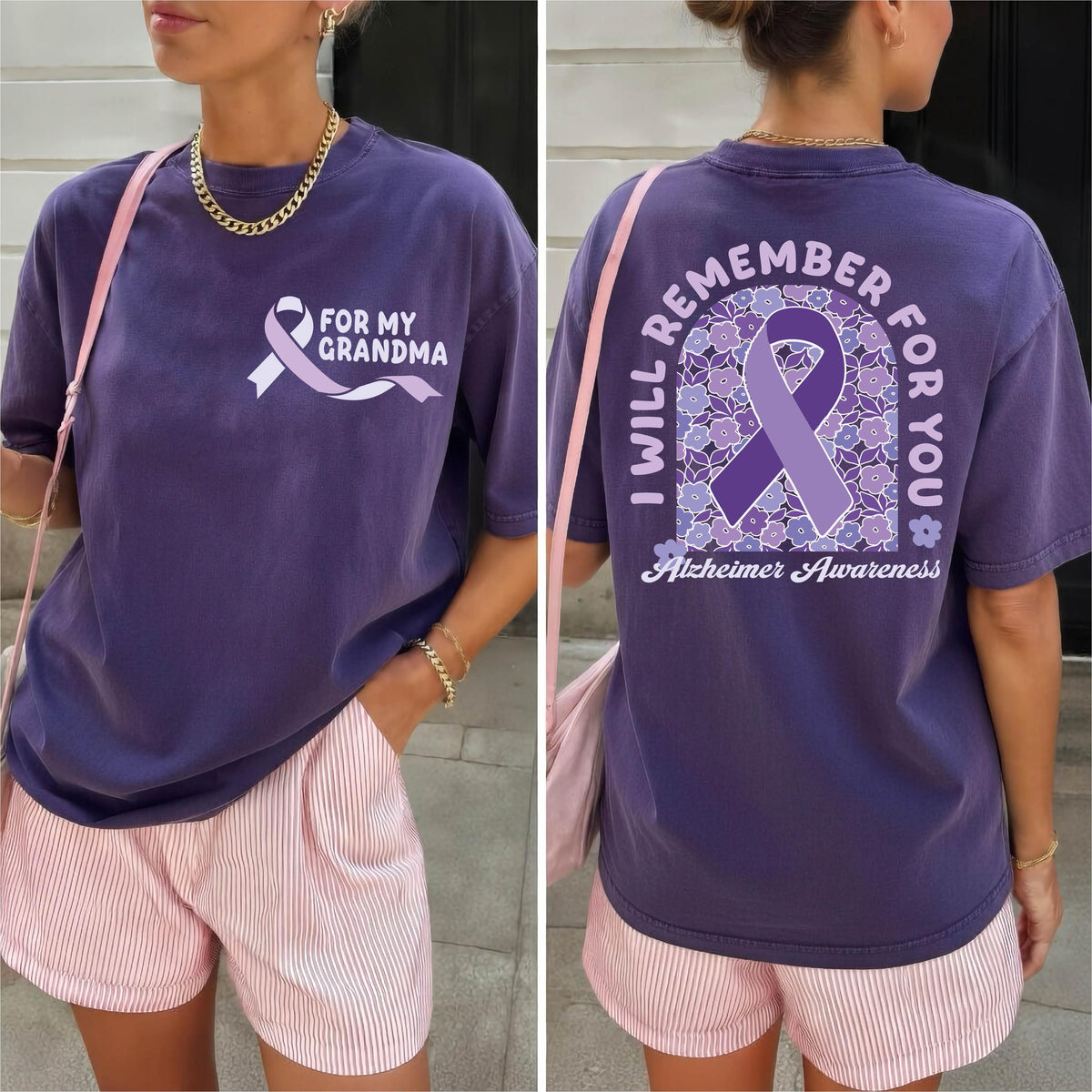 Comfort Colors® Personalized Alzheimer Support Shirt, Purple Ribbon Awareness Shirt, Floral Dementia Team T-Shirt