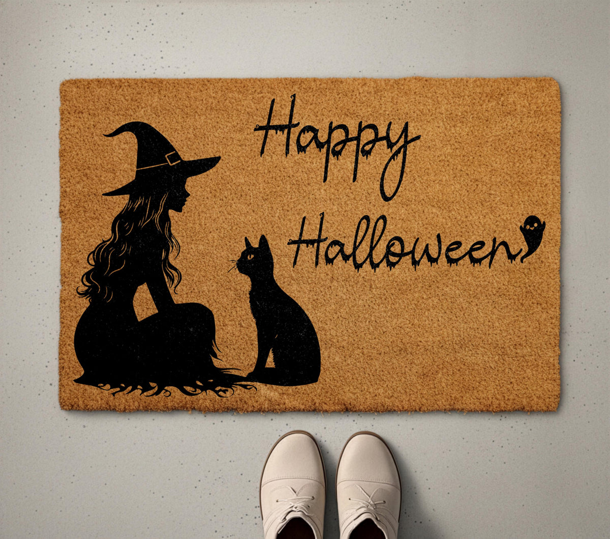 Happy Halloween Doormat, Witch and Cat Welcome Mat, Spooky Season Housewarming Gift, Cats Lover Front Porch Coir Rug, Trick or Treat Decor