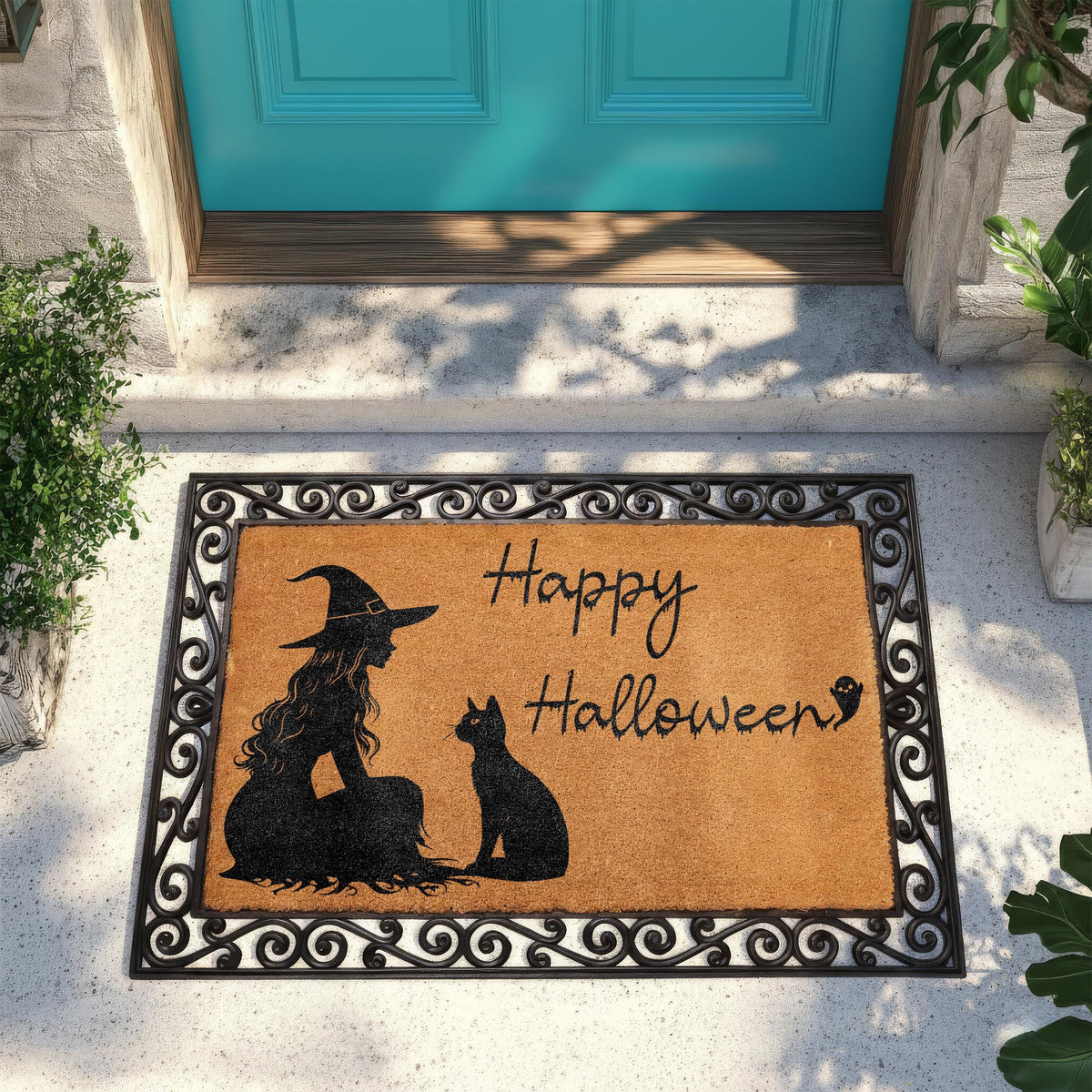 Happy Halloween Doormat, Witch and Cat Welcome Mat, Spooky Season Housewarming Gift, Cats Lover Front Porch Coir Rug, Trick or Treat Decor