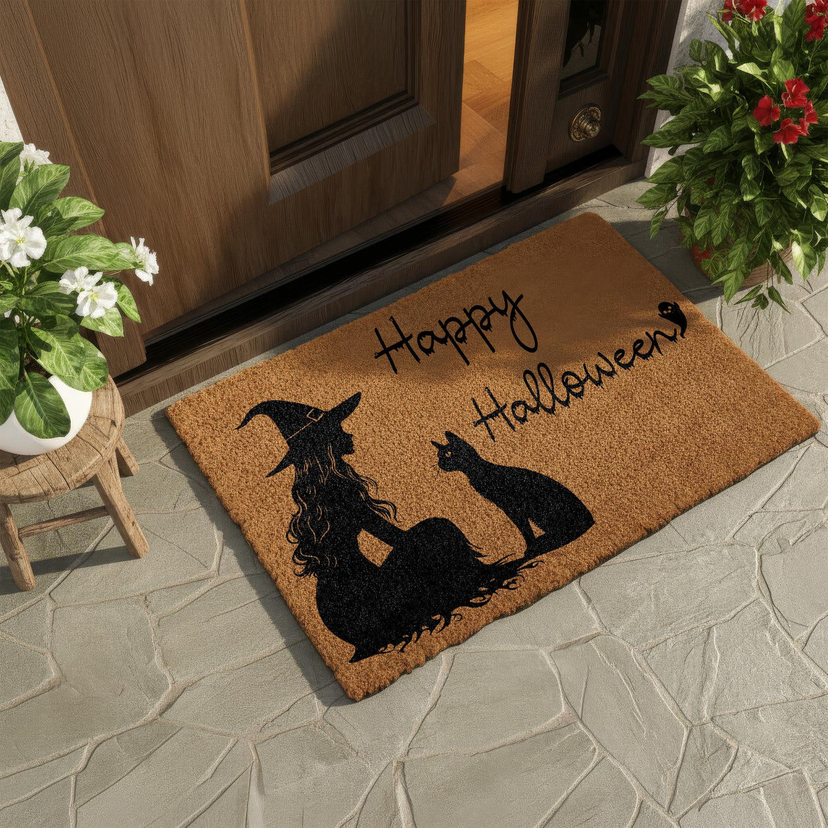 Happy Halloween Doormat, Witch and Cat Welcome Mat, Spooky Season Housewarming Gift, Cats Lover Front Porch Coir Rug, Trick or Treat Decor