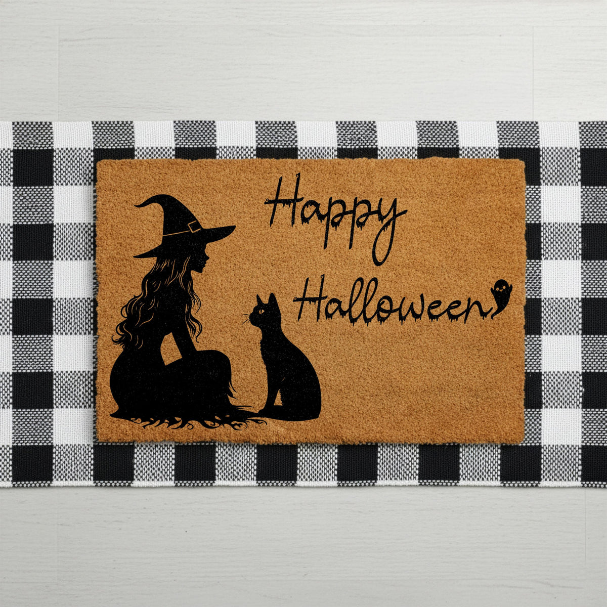Happy Halloween Doormat, Witch and Cat Welcome Mat, Spooky Season Housewarming Gift, Cats Lover Front Porch Coir Rug, Trick or Treat Decor